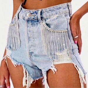 NWT Rhinestone Embellished Light Blue Denim Shorts